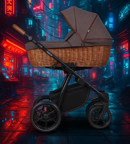 Lonex Eko Pro — wózek głęboki z dużym wiklinowym koszem i brązową budką, na ciemnym tle w stylu cyberpunk.